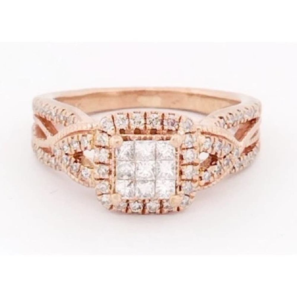 Diamond Engagement Ring Princess & Round 10K Rose Gold - Size 4,5,6,7